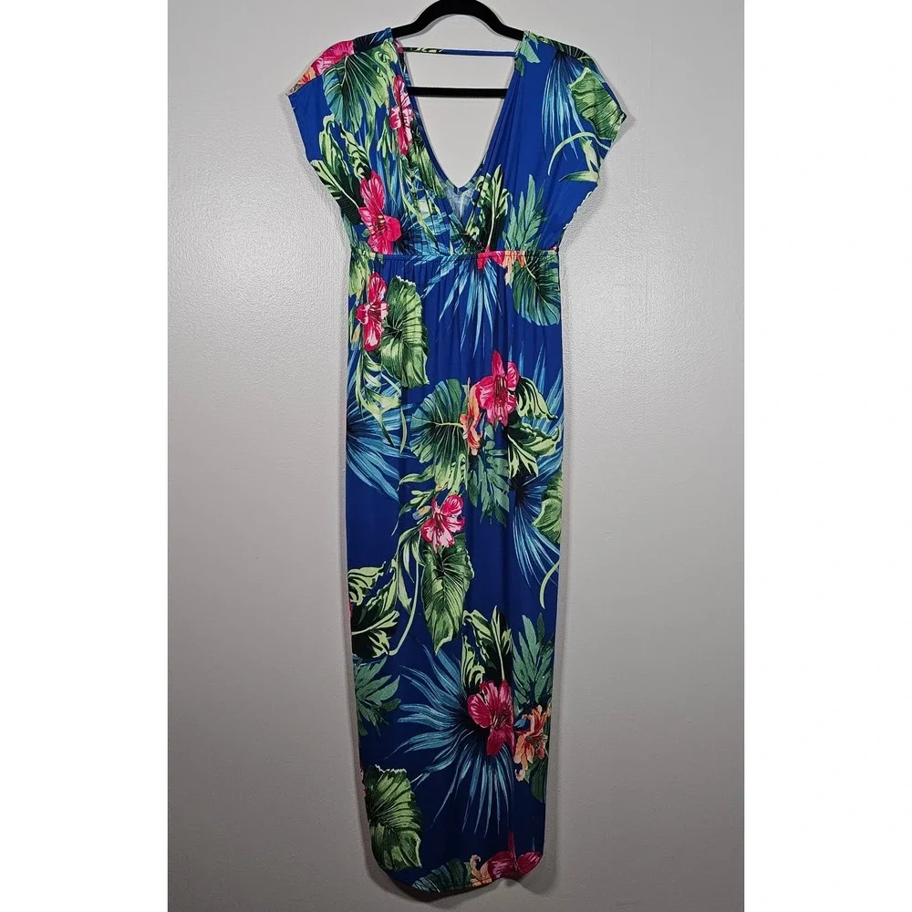 CY Fashion Tropical Floral Maxi Dress Blue Pink Palm Leaf V-Neck Medium MD5378